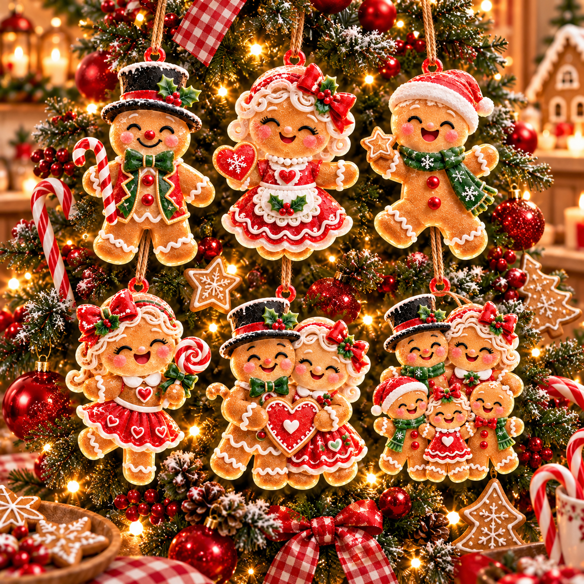 6-Piece Gingerbread Christmas Ornament Collection – Adorable Gingerbread Family, Couple & Holiday Characters | Festive Christmas Tree Hanging Decorations, Sweet Family Keepsake Gifts