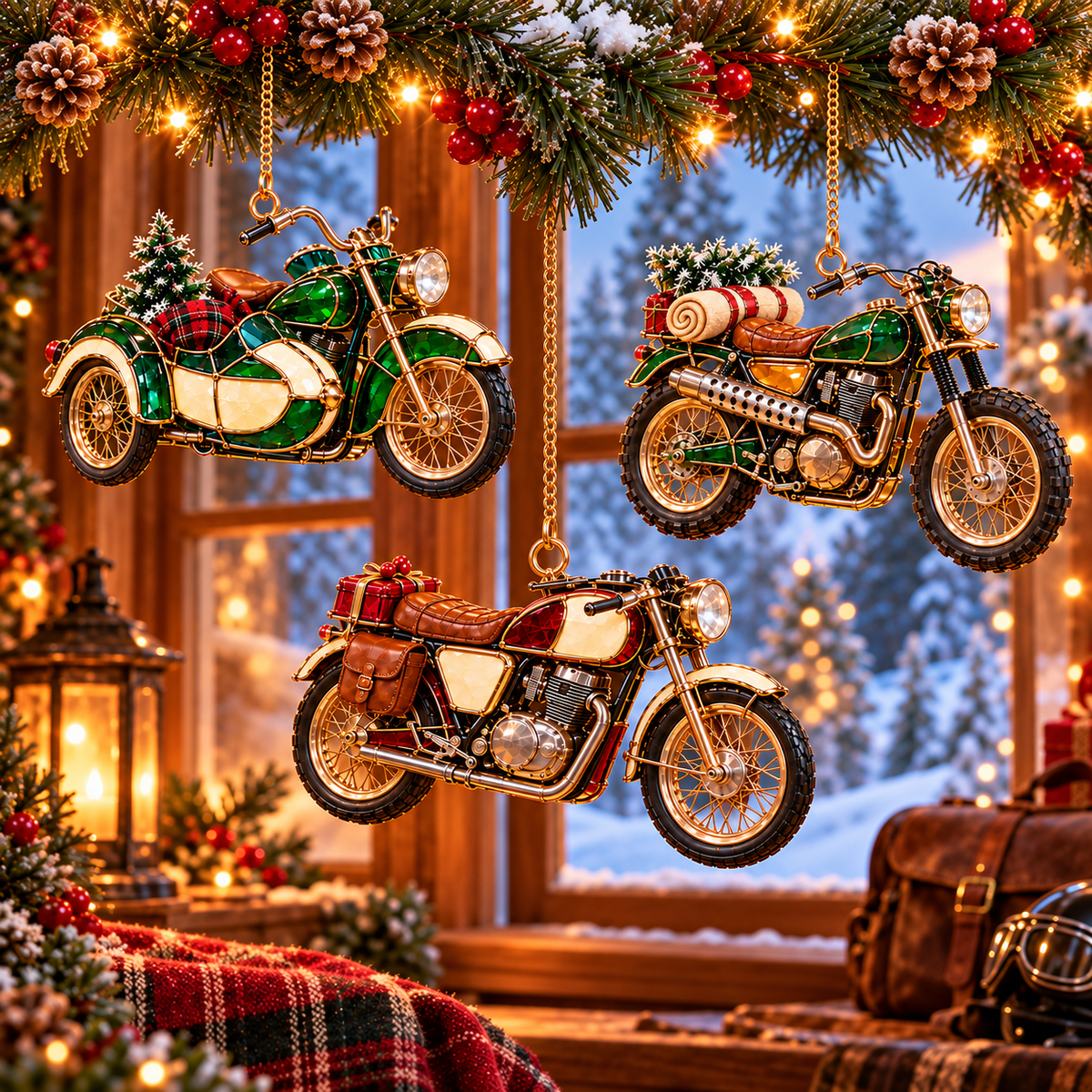 ✨ 2026 Vintage Stained Glass Motorcycle Christmas Ornaments – Set of 6 | Retro Cruiser, Sidecar, Chopper & Adventure Motorbike Hanging Decorations | Christmas Tree Ornaments & Biker Gifts