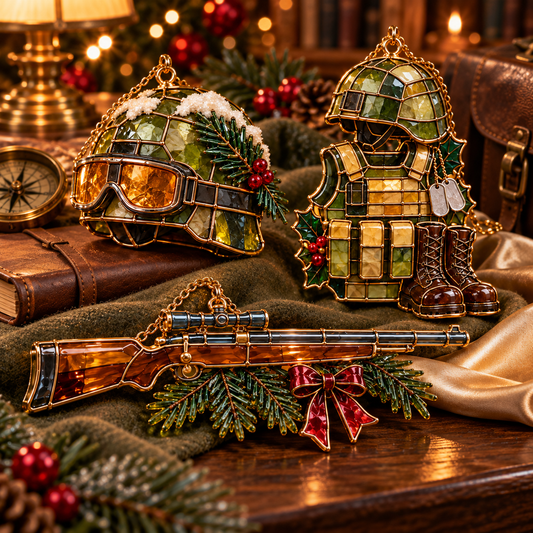 ✨ 2026 Military Christmas Ornaments – Set of 6 | Vintage Stained Glass Tactical Vest, Military Helmet, Rifle & Soldier Gear Hanging Decorations | Christmas Tree Ornaments & Unique Gifts for Veterans & Military Families
