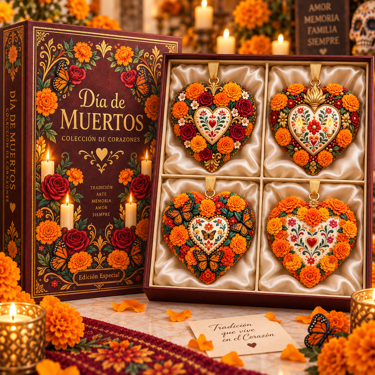 Día de Muertos Marigold Heart Ornament – Floral Hanging Keepsake Collection, Meaningful Day of the Dead Gift for Family & Loved Ones