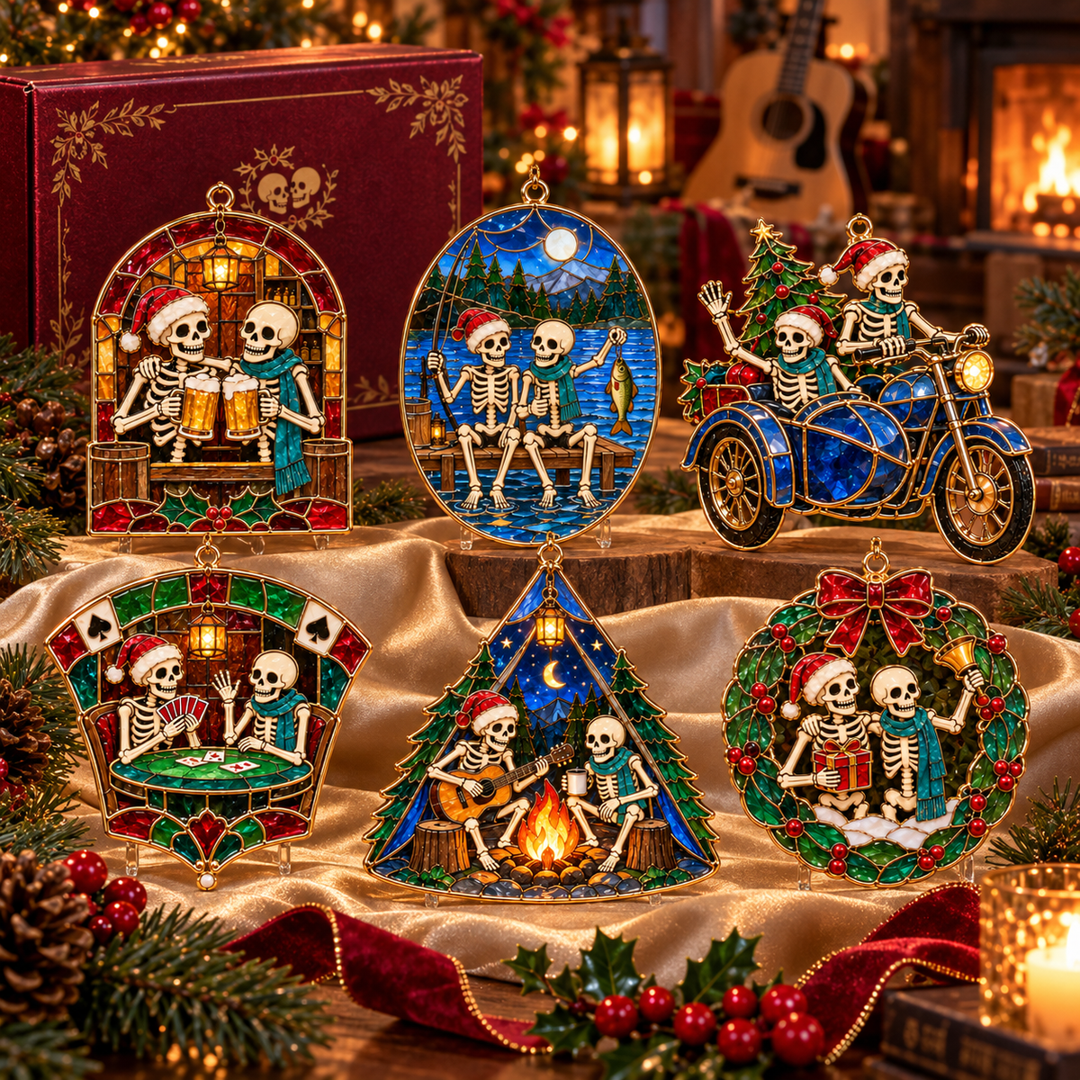 Friends for Eternity – Vintage Stained Glass Style Skeleton Christmas Ornaments, Set of 6