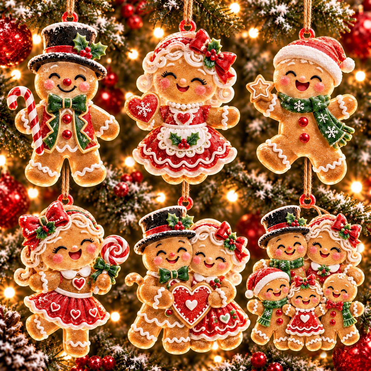 6-Piece Gingerbread Christmas Ornament Collection – Adorable Gingerbread Family, Couple & Holiday Characters | Festive Christmas Tree Hanging Decorations, Sweet Family Keepsake Gifts