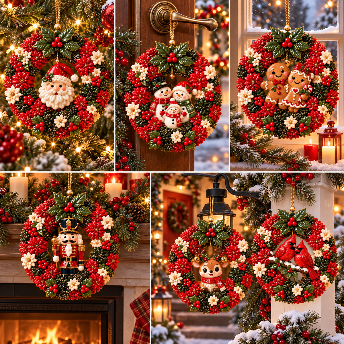 Merry & Bright Christmas Wreath Ornament Collection – 6-Piece Santa, Snowman, Gingerbread, Nutcracker, Reindeer & Cardinal Christmas Tree Decorations | Festive Holiday Keepsake Gifts