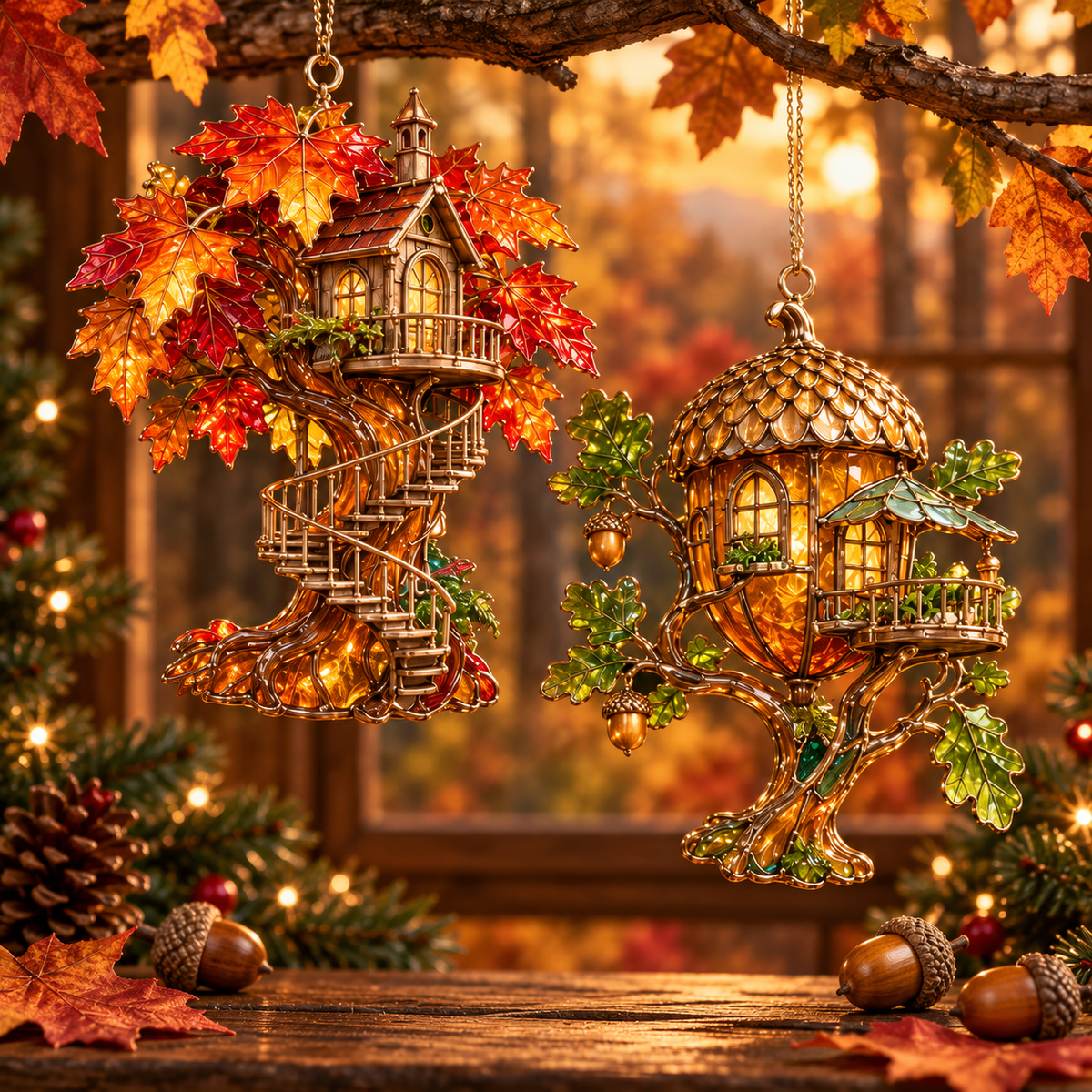 ✨ 2026 Enchanted Stained Glass Treehouse Christmas Ornaments – Set of 6 | Fairy Tree Houses, Autumn Maple, Acorn Cottage & Moonlight Willow Hanging Decorations | Magical Christmas Tree Ornaments & Fairy Garden Gifts