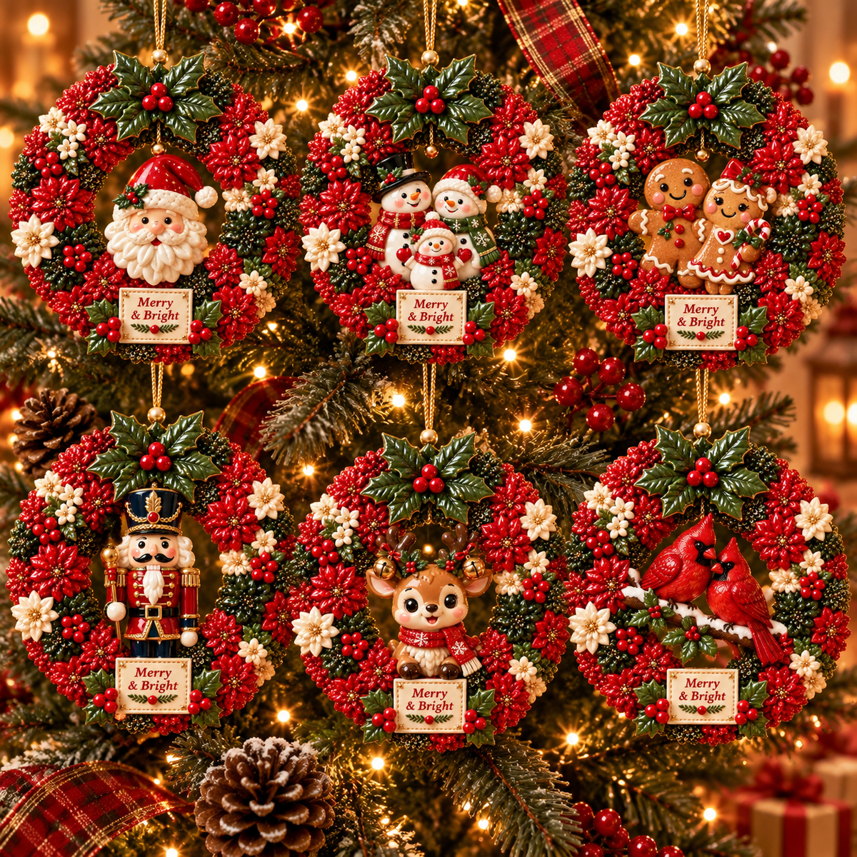 Merry & Bright Christmas Wreath Ornament Collection – 6-Piece Santa, Snowman, Gingerbread, Nutcracker, Reindeer & Cardinal Christmas Tree Decorations | Festive Holiday Keepsake Gifts