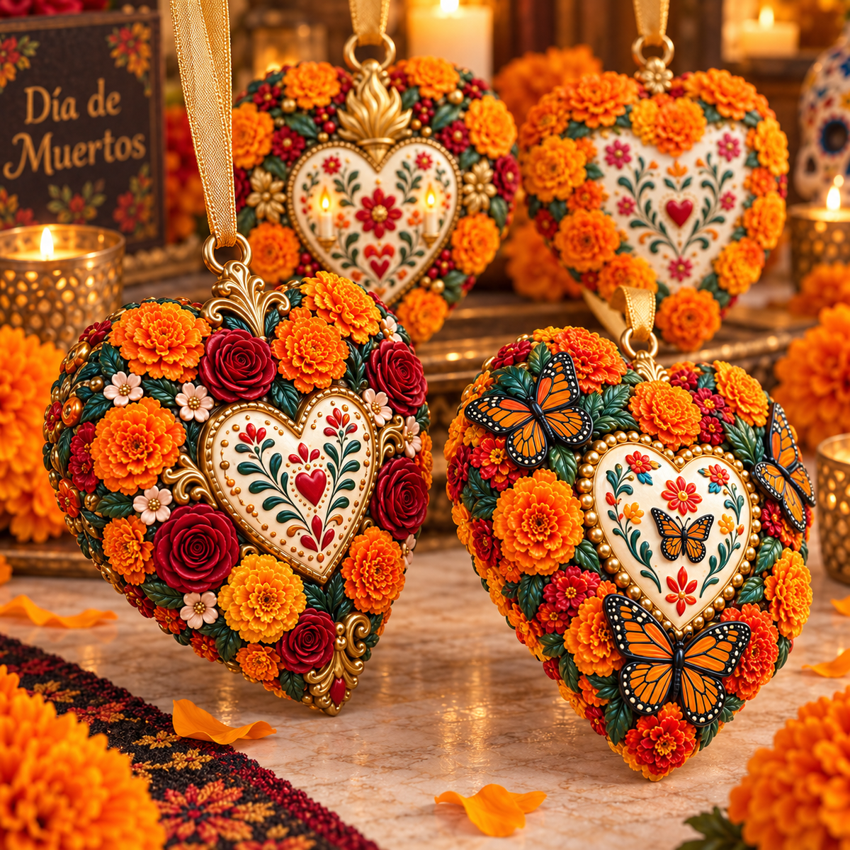 Día de Muertos Marigold Heart Ornament – Floral Hanging Keepsake Collection, Meaningful Day of the Dead Gift for Family & Loved Ones