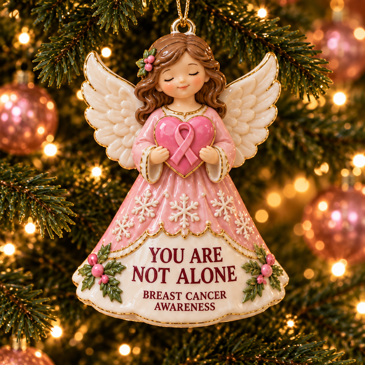2026 Breast Cancer Awareness Christmas Ornament Set – 6-Piece Pink Ribbon Holiday Keepsake Gift