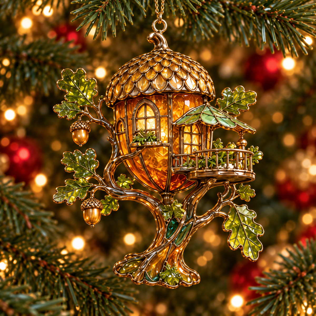 ✨ 2026 Enchanted Stained Glass Treehouse Christmas Ornaments – Set of 6 | Fairy Tree Houses, Autumn Maple, Acorn Cottage & Moonlight Willow Hanging Decorations | Magical Christmas Tree Ornaments & Fairy Garden Gifts