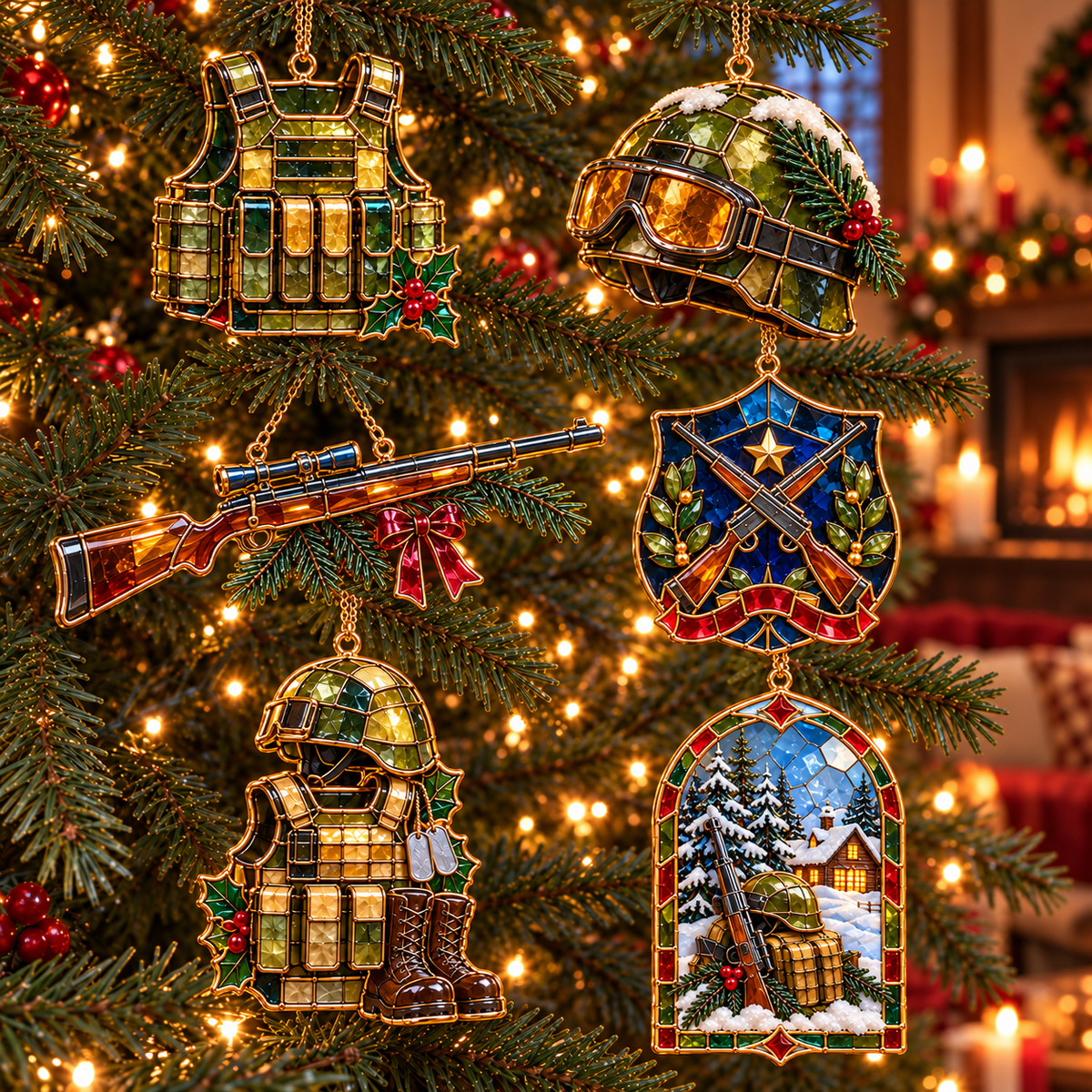 ✨ 2026 Military Christmas Ornaments – Set of 6 | Vintage Stained Glass Tactical Vest, Military Helmet, Rifle & Soldier Gear Hanging Decorations | Christmas Tree Ornaments & Unique Gifts for Veterans & Military Families