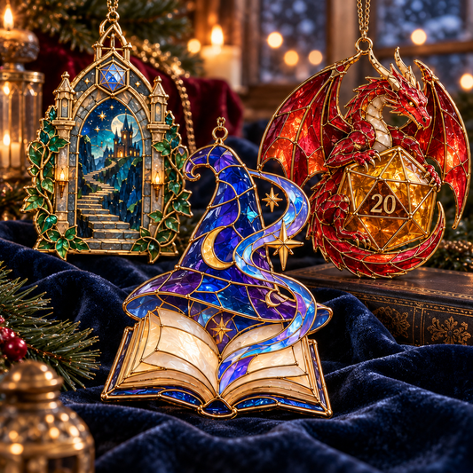 Enchanted Realms – 6-Piece Vintage Stained Glass-Style Fantasy Christmas Ornament Set