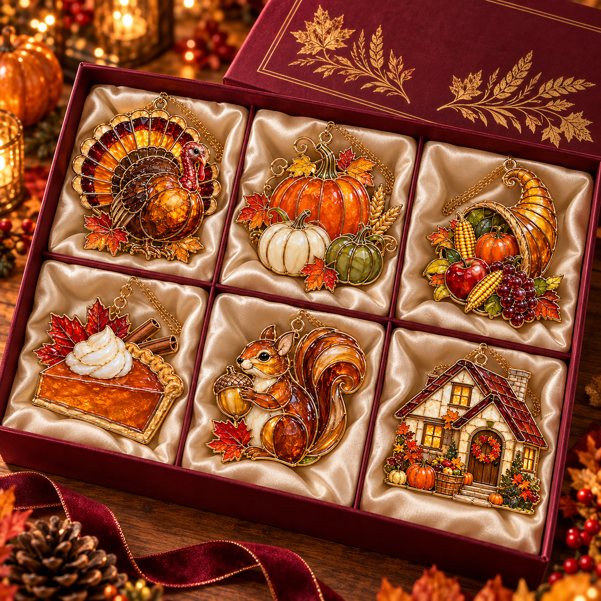✨ 2026 Thanksgiving Stained Glass Ornaments – Set of 6