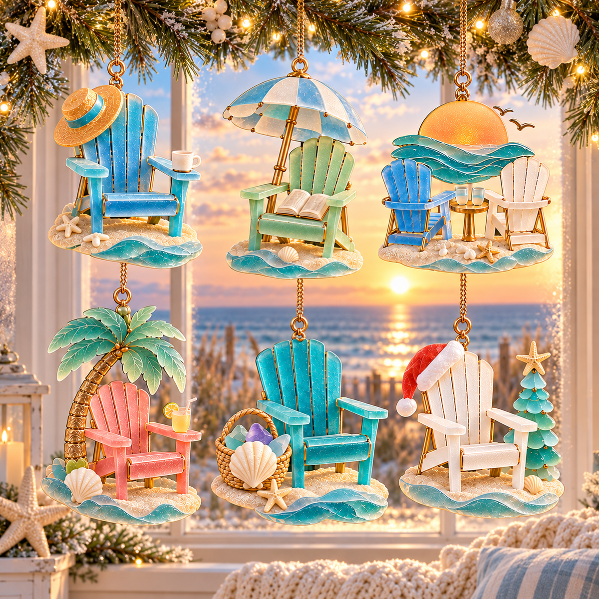 🏖️ 2026 Coastal Christmas Beach Chair Ornaments – Set of 6 Seaside Holiday Keepsakes