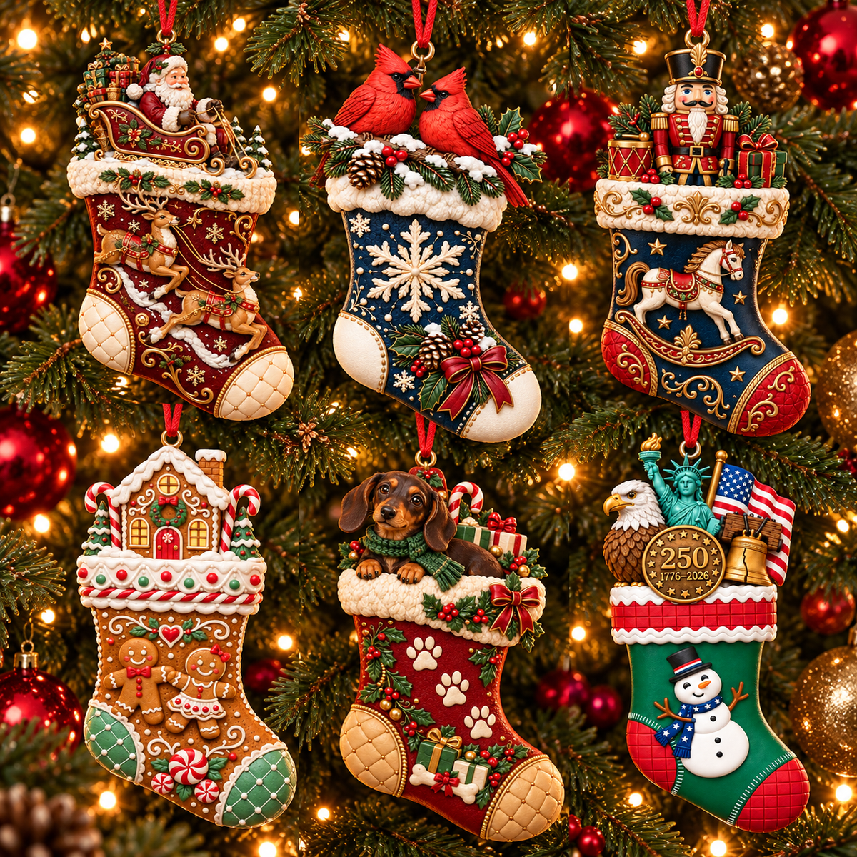 2026 Christmas Storybook Stocking Ornaments – 6-Piece Vintage Holiday Collection
