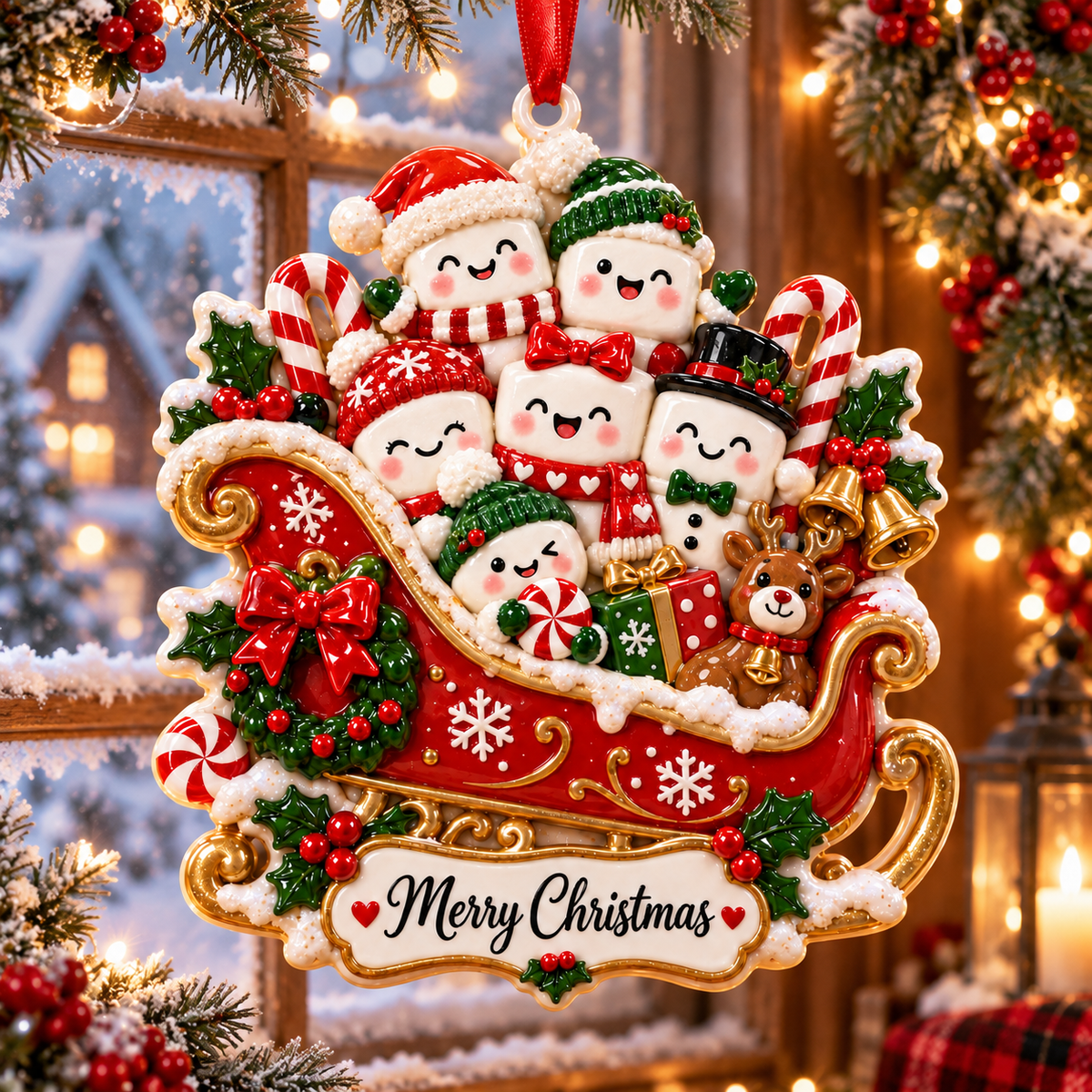 Christmas Marshmallow Family Sleigh Ornament - image 1