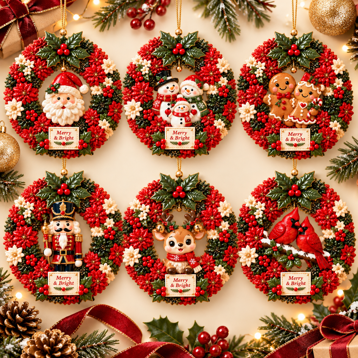 Merry & Bright Christmas Wreath Ornament Collection – 6-Piece Santa, Snowman, Gingerbread, Nutcracker, Reindeer & Cardinal Christmas Tree Decorations | Festive Holiday Keepsake Gifts