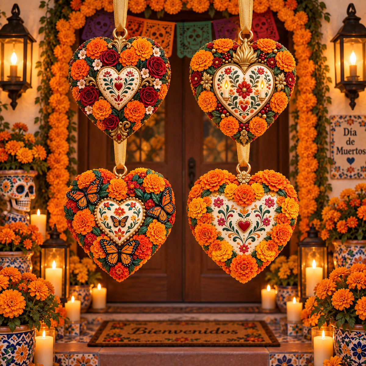 Día de Muertos Marigold Heart Ornament – Floral Hanging Keepsake Collection, Meaningful Day of the Dead Gift for Family & Loved Ones