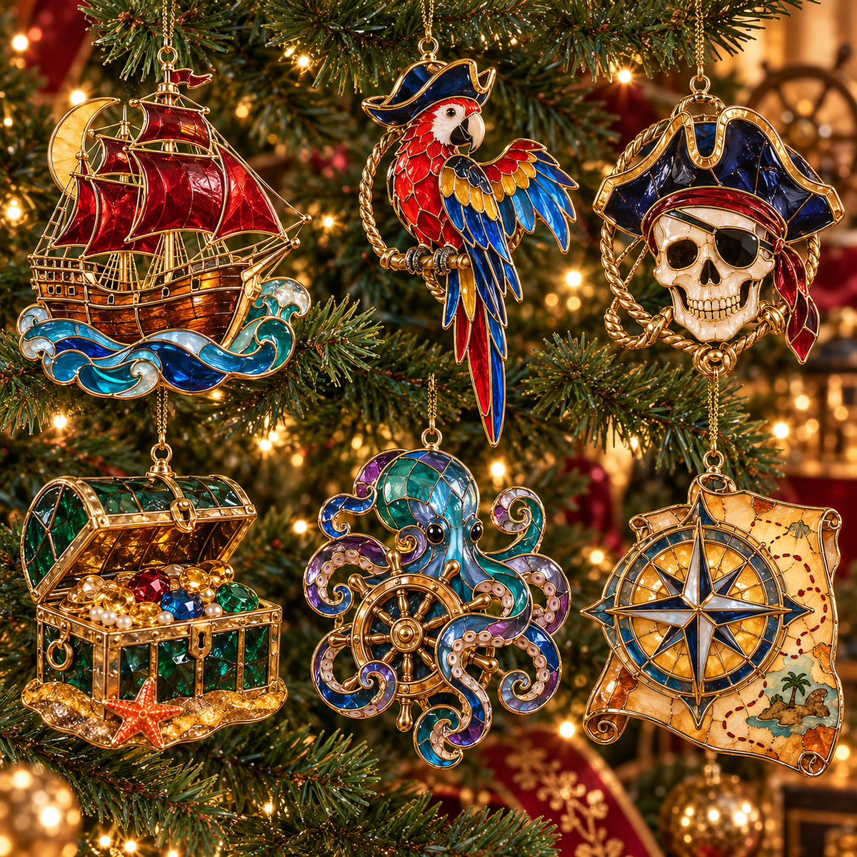 Pirate Adventures – Vintage Stained Glass-Style Christmas Ornaments, Set of 6
