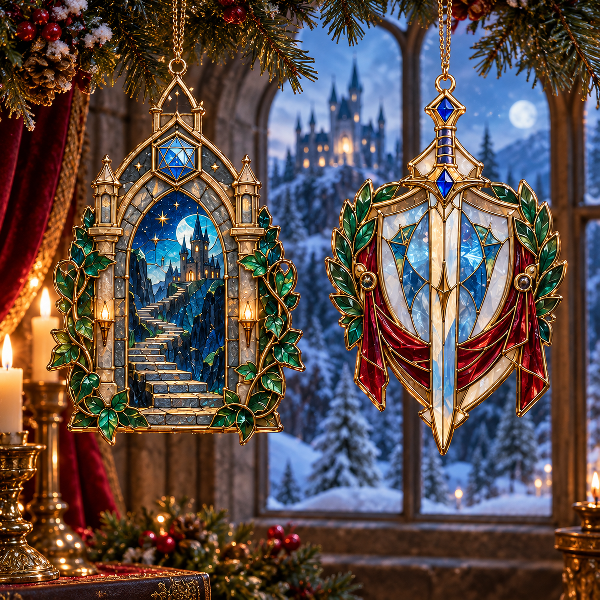 Enchanted Realms – 6-Piece Vintage Stained Glass-Style Fantasy Christmas Ornament Set