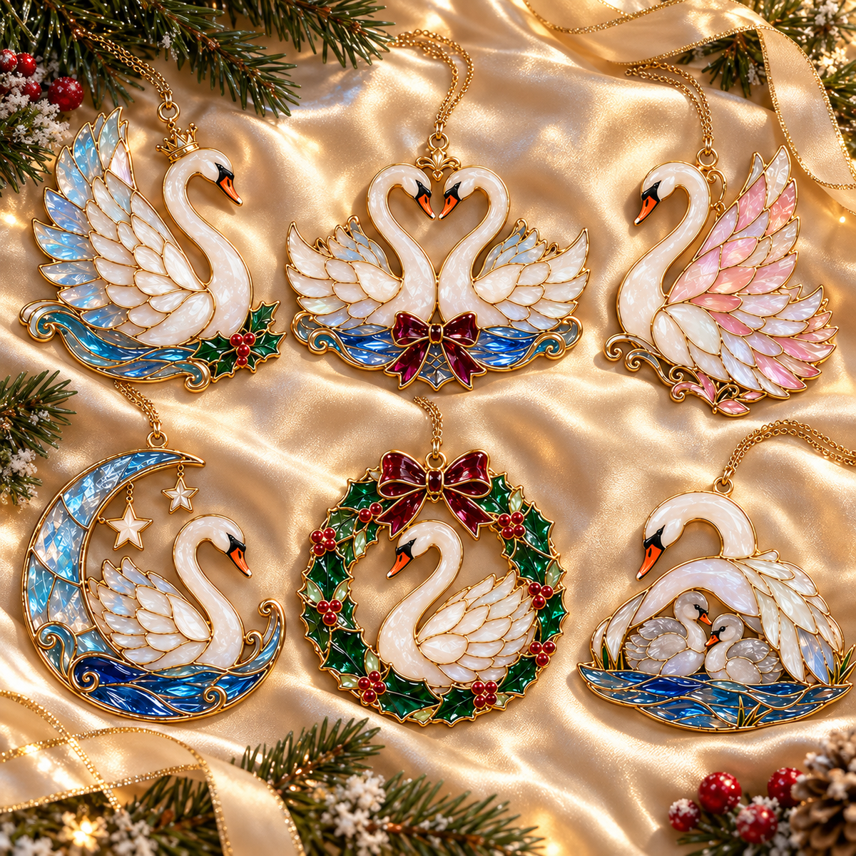 🎄 2026 Christmas Swan Ornaments – Set of 6 Elegant Holiday Keepsakes