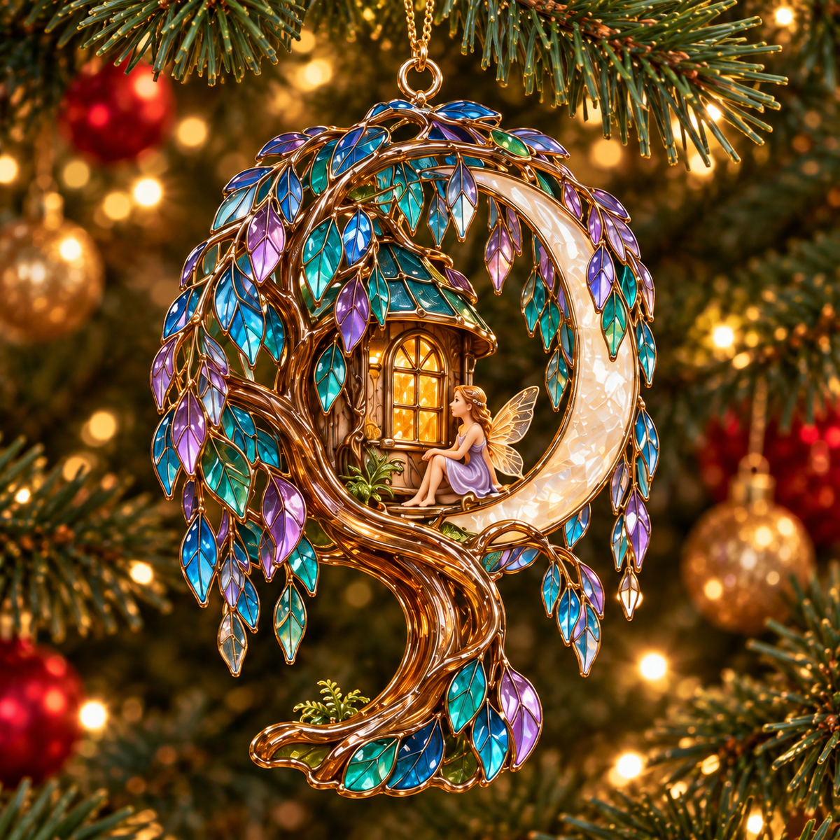 ✨ 2026 Enchanted Stained Glass Treehouse Christmas Ornaments – Set of 6 | Fairy Tree Houses, Autumn Maple, Acorn Cottage & Moonlight Willow Hanging Decorations | Magical Christmas Tree Ornaments & Fairy Garden Gifts
