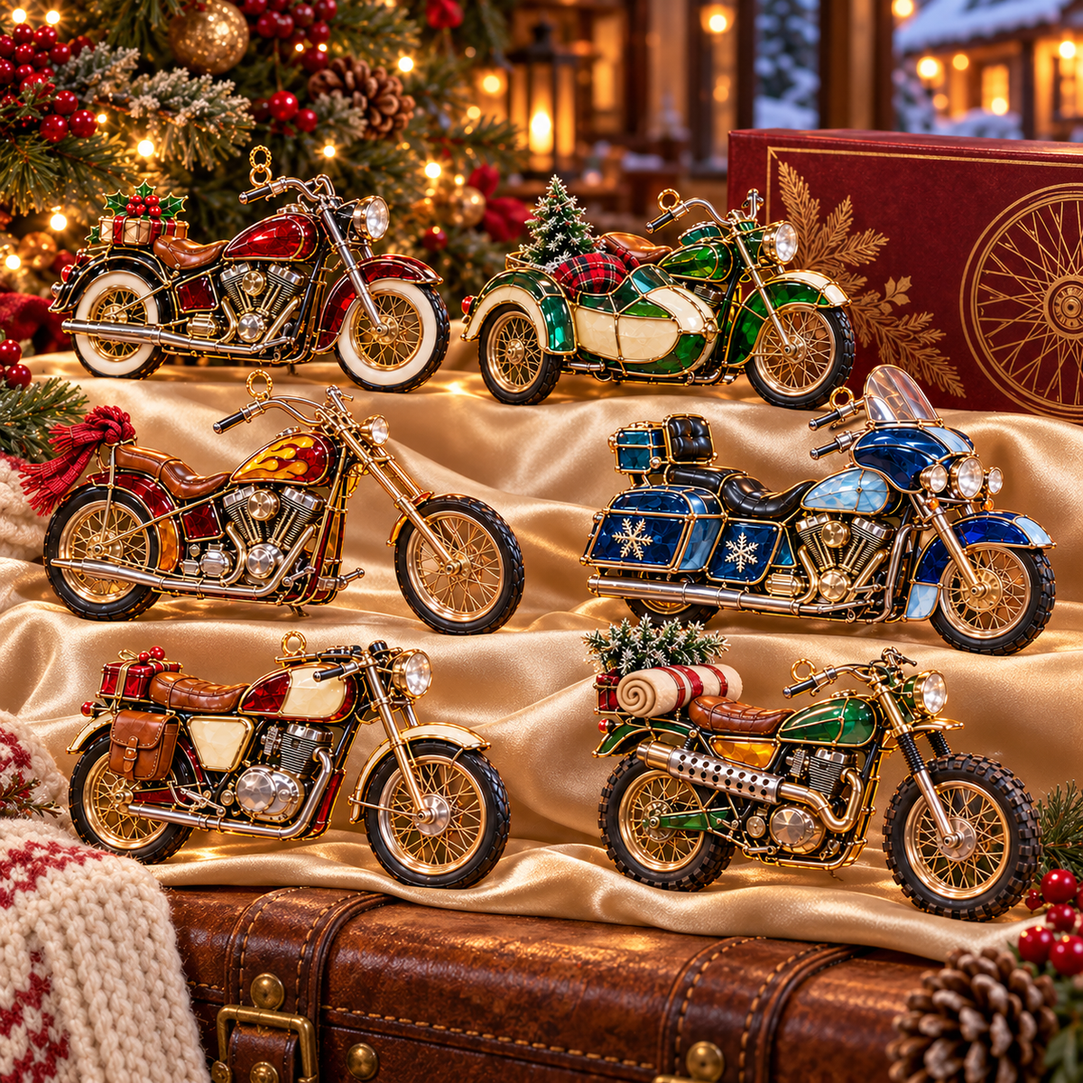 ✨ 2026 Vintage Stained Glass Motorcycle Christmas Ornaments – Set of 6 | Retro Cruiser, Sidecar, Chopper & Adventure Motorbike Hanging Decorations | Christmas Tree Ornaments & Biker Gifts