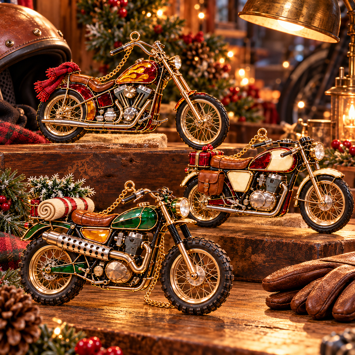✨ 2026 Vintage Stained Glass Motorcycle Christmas Ornaments – Set of 6 | Retro Cruiser, Sidecar, Chopper & Adventure Motorbike Hanging Decorations | Christmas Tree Ornaments & Biker Gifts