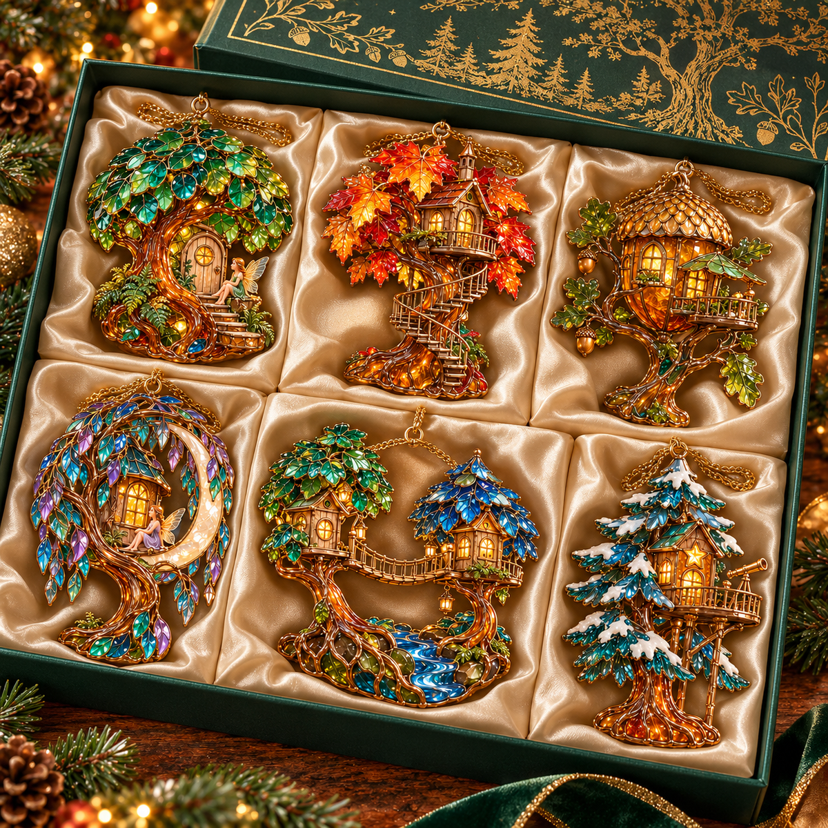 ✨ 2026 Enchanted Stained Glass Treehouse Christmas Ornaments – Set of 6 | Fairy Tree Houses, Autumn Maple, Acorn Cottage & Moonlight Willow Hanging Decorations | Magical Christmas Tree Ornaments & Fairy Garden Gifts