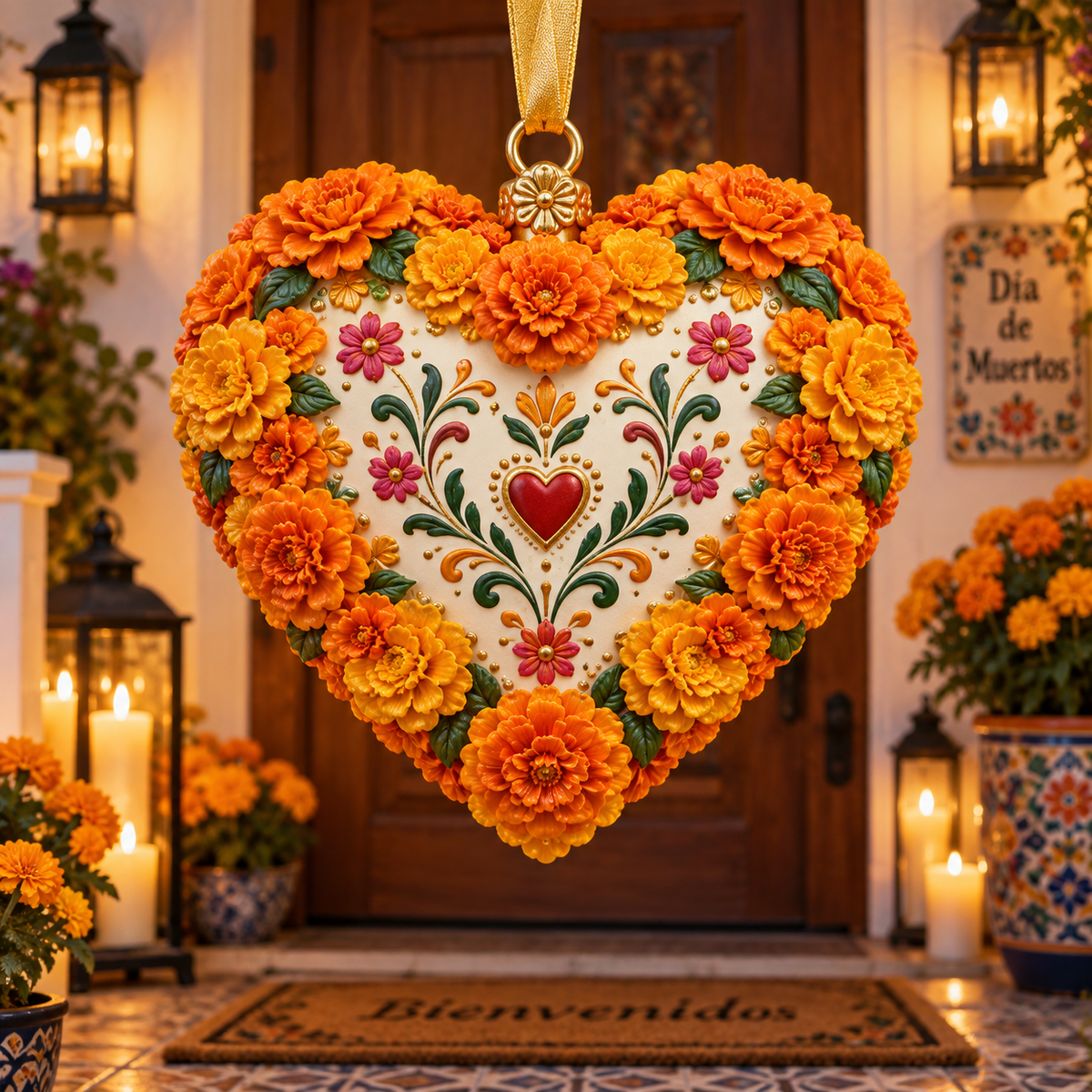 Día de Muertos Marigold Heart Ornament – Floral Hanging Keepsake Collection, Meaningful Day of the Dead Gift for Family & Loved Ones