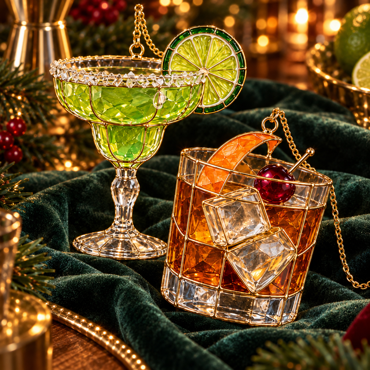 ✨ 2026 Vintage Stained Glass Cocktail & Wine Christmas Ornaments – Set of 6 | Martini, Margarita, Whiskey, Red Wine & Champagne Hanging Decorations | Christmas Tree Ornaments & Unique Holiday Gifts for Cocktail Lovers
