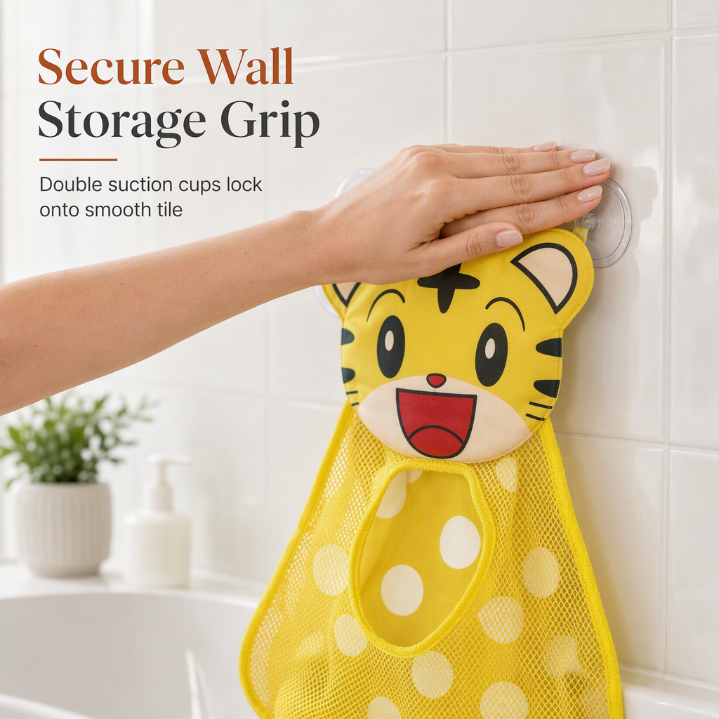 Cartoon Animal Bath Toy Organizer Mesh Storage Bag with Suction Cups for Kids Bathroom