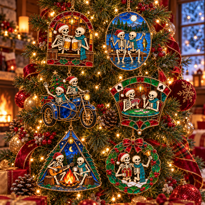 Friends for Eternity – Vintage Stained Glass Style Skeleton Christmas Ornaments, Set of 6