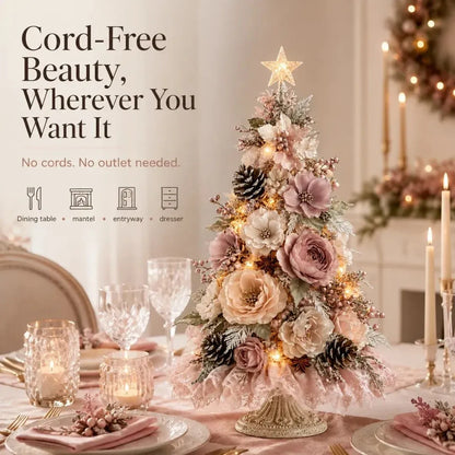 🌸 Pre-Decorated Blush Floral Tabletop Christmas Tree – Cordless Romantic Holiday Decor ✨
