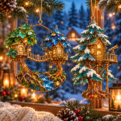 ✨ 2026 Enchanted Stained Glass Treehouse Christmas Ornaments – Set of 6 |  Fairy Tree Houses, Autumn Maple, Acorn Cottage & Moonlight Willow Hanging Decorations | Magical Christmas Tree Ornaments & Fairy Garden Gifts