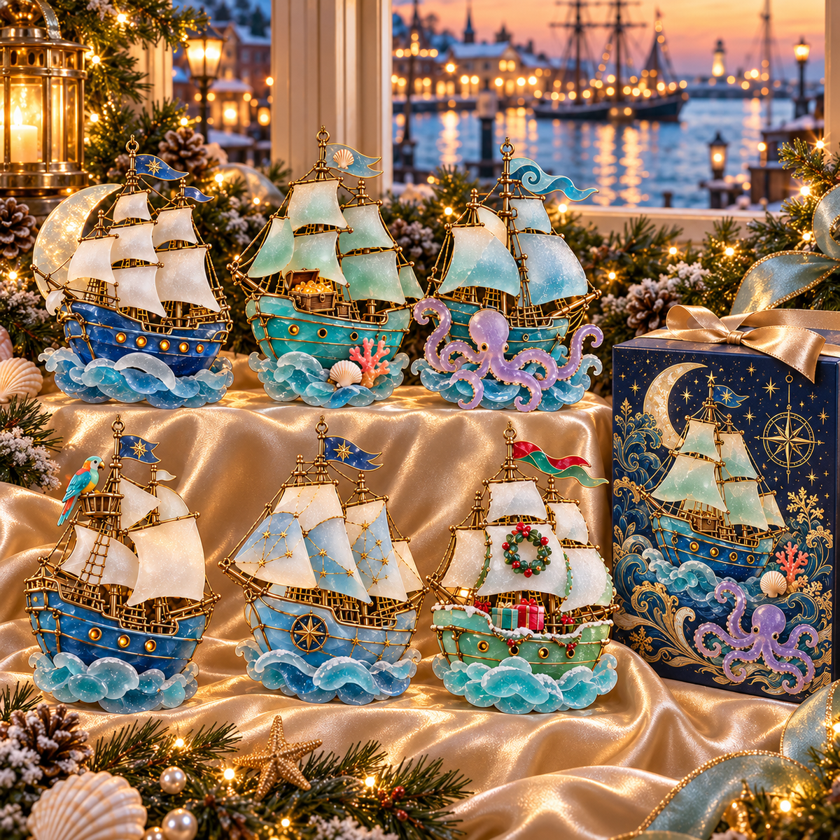⛵ 2026 Coastal Christmas Sailing Ship Ornaments – Set of 6 Nautical Holiday Keepsakes
