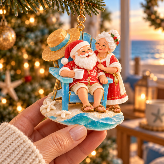 🏖️ 2026 Coastal Christmas Santa & Mrs. Claus Ornaments – Set of 6 Tropical Holiday Keepsakes