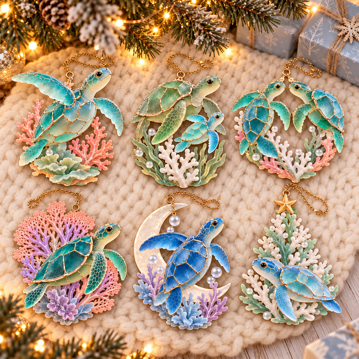 🐢 2026 Ocean Christmas Sea Turtle Ornaments – Set of 6 Coastal Holiday Keepsakes