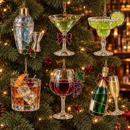 ✨ 2026 Vintage Stained Glass Cocktail & Wine Christmas Ornaments – Set of 6 |  Martini, Margarita, Whiskey, Red Wine & Champagne Hanging Decorations | Christmas Tree Ornaments & Unique Holiday Gifts for Cocktail Lovers