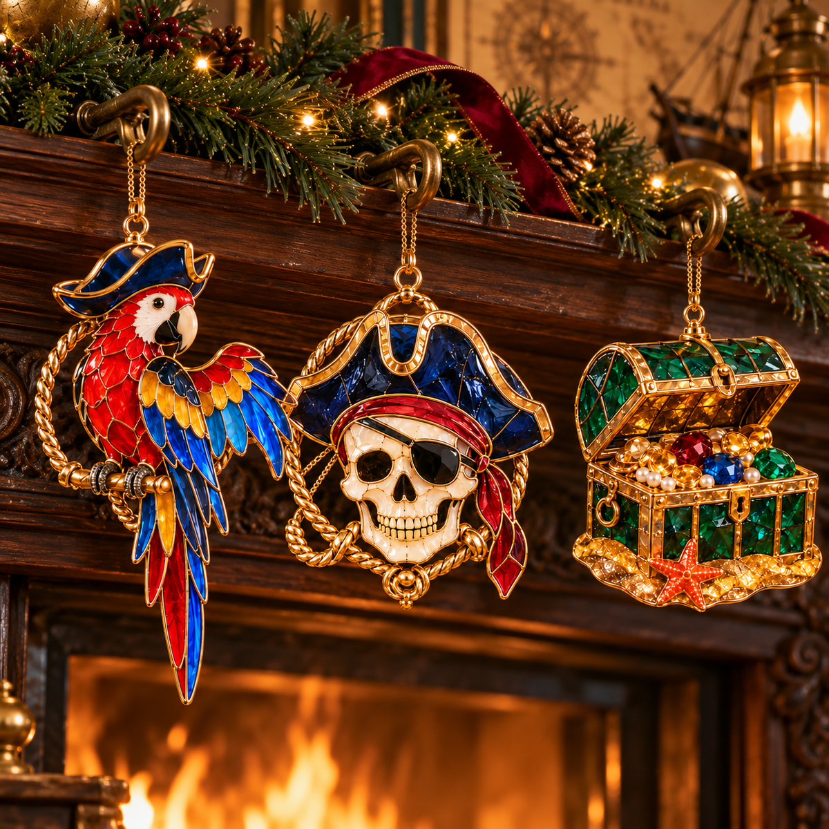 Pirate Adventures – Vintage Stained Glass-Style Christmas Ornaments, Set of 6