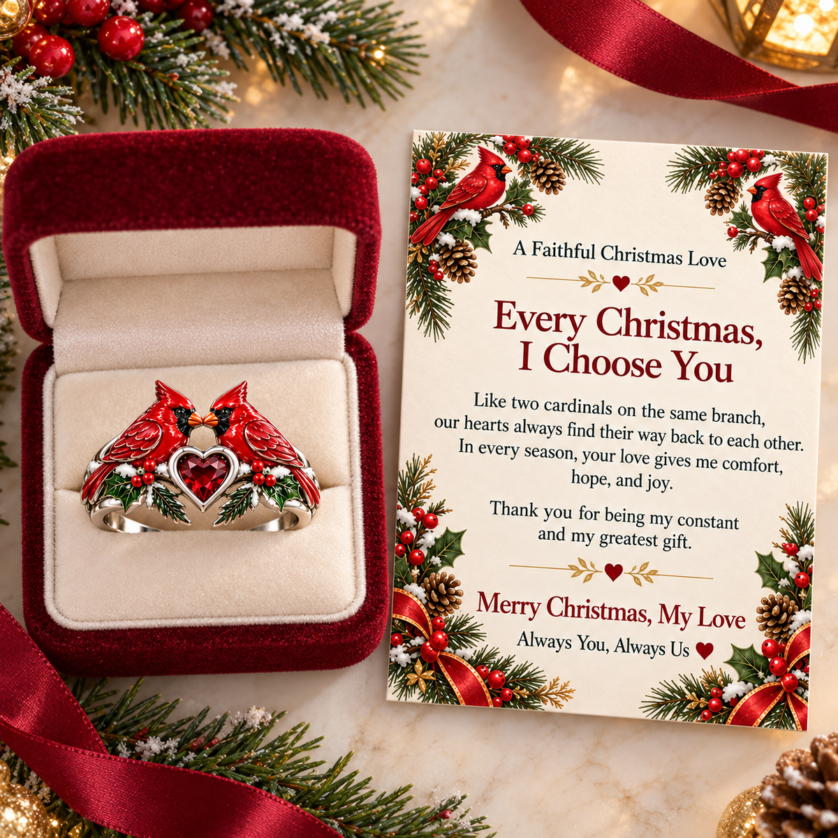 Christmas Cardinal Heart Ring with “I Choose You” Love Message Card