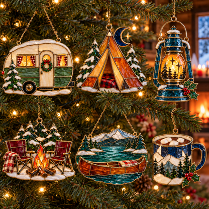 Cozy Christmas Camping — Vintage Stained Glass Style Ornaments, Set of 6