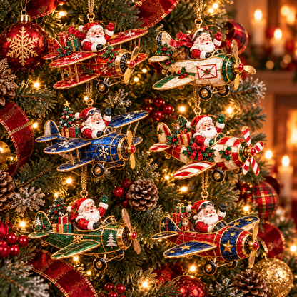 Santa’s Christmas Flight – 6-Piece Vintage Santa Airplane Ornaments Collection | Christmas Tree Decorations & Holiday Gift