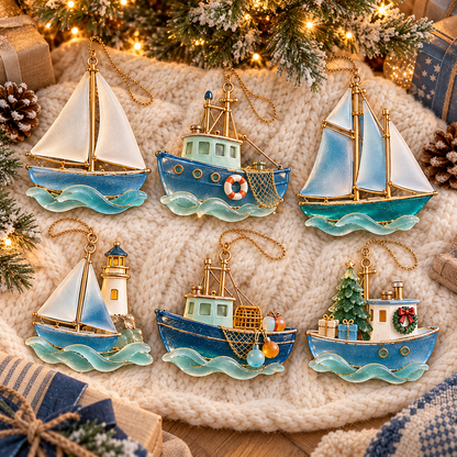 🌊 2026 Coastal Christmas Boat Ornaments – Set of 6 Nautical Holiday Keepsakes