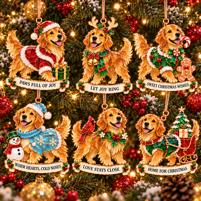 2026 Golden Retriever Christmas Ornaments – Set of 6 | Vintage Stained-Glass Style with Golden Accents & Heartwarming Holiday Wishes