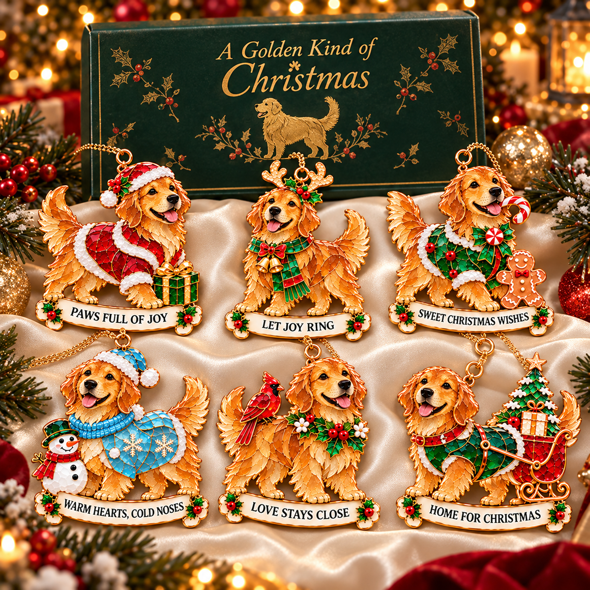 2026 Golden Retriever Christmas Ornaments – Set of 6 | Vintage Stained-Glass Style with Golden Accents & Heartwarming Holiday Wishes
