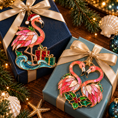Coastal Christmas Flamingo Ornaments – Vintage Stained-Glass Style, 6-Piece Set