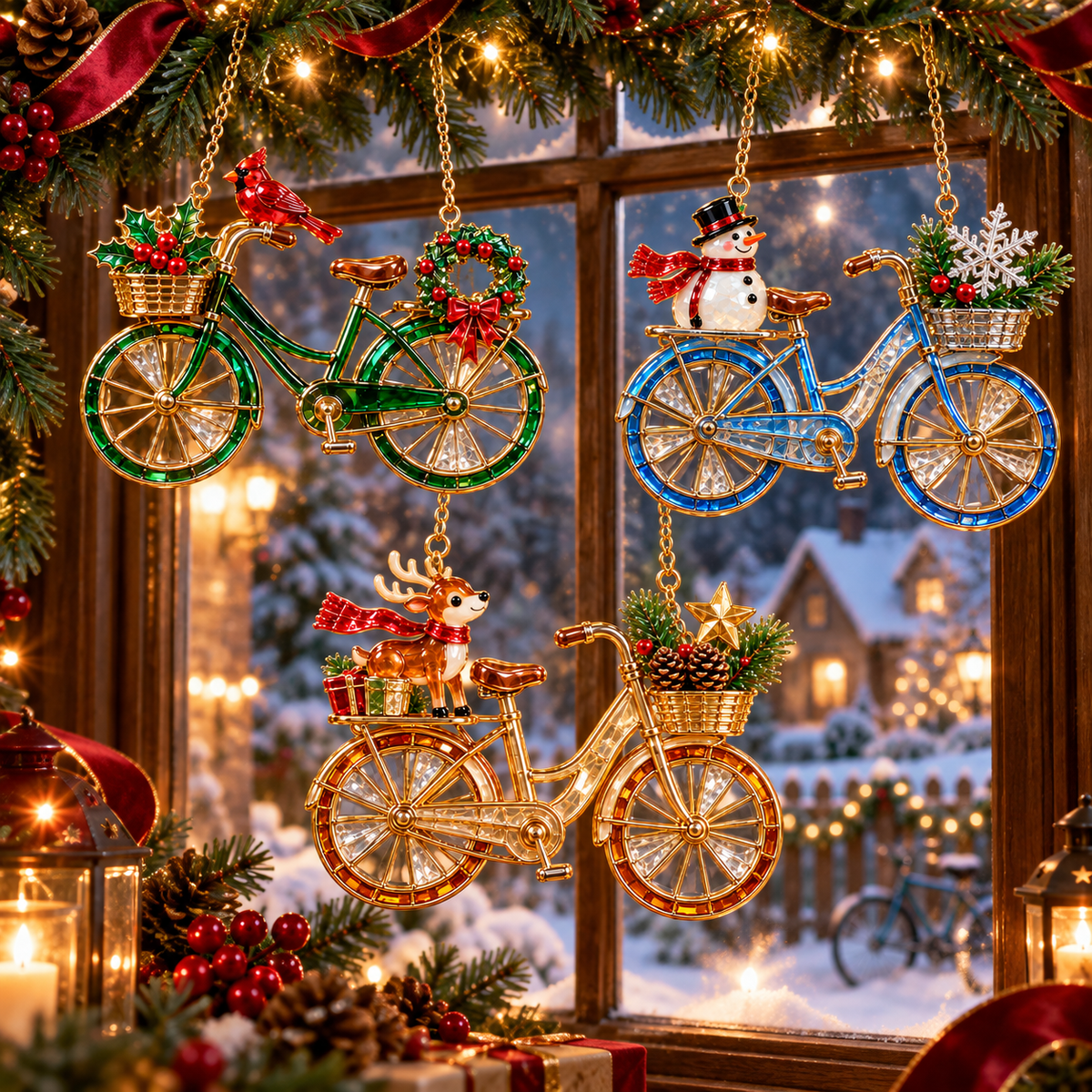 🎄 2026 Vintage Stained Glass Christmas Bicycle Ornaments – Set of 6