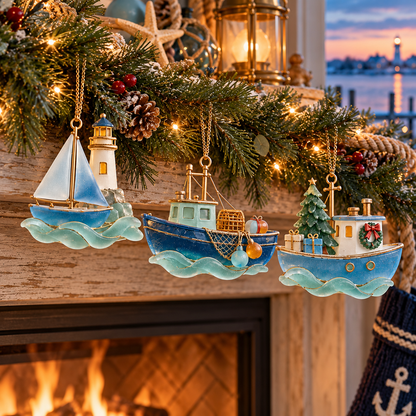 🌊 2026 Coastal Christmas Boat Ornaments – Set of 6 Nautical Holiday Keepsakes