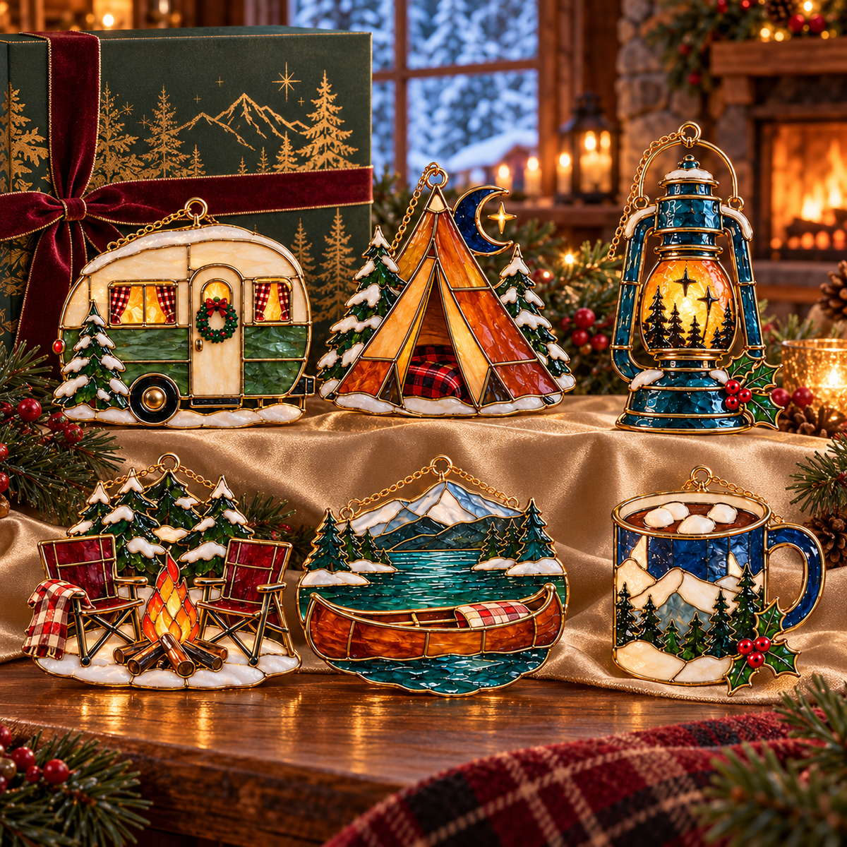 Cozy Christmas Camping — Vintage Stained Glass Style Ornaments, Set of 6