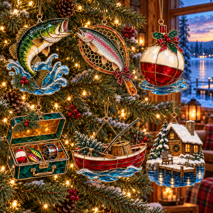 Reel in the Christmas Magic — Vintage Stained Glass–Style Fishing Ornaments, Set of 6