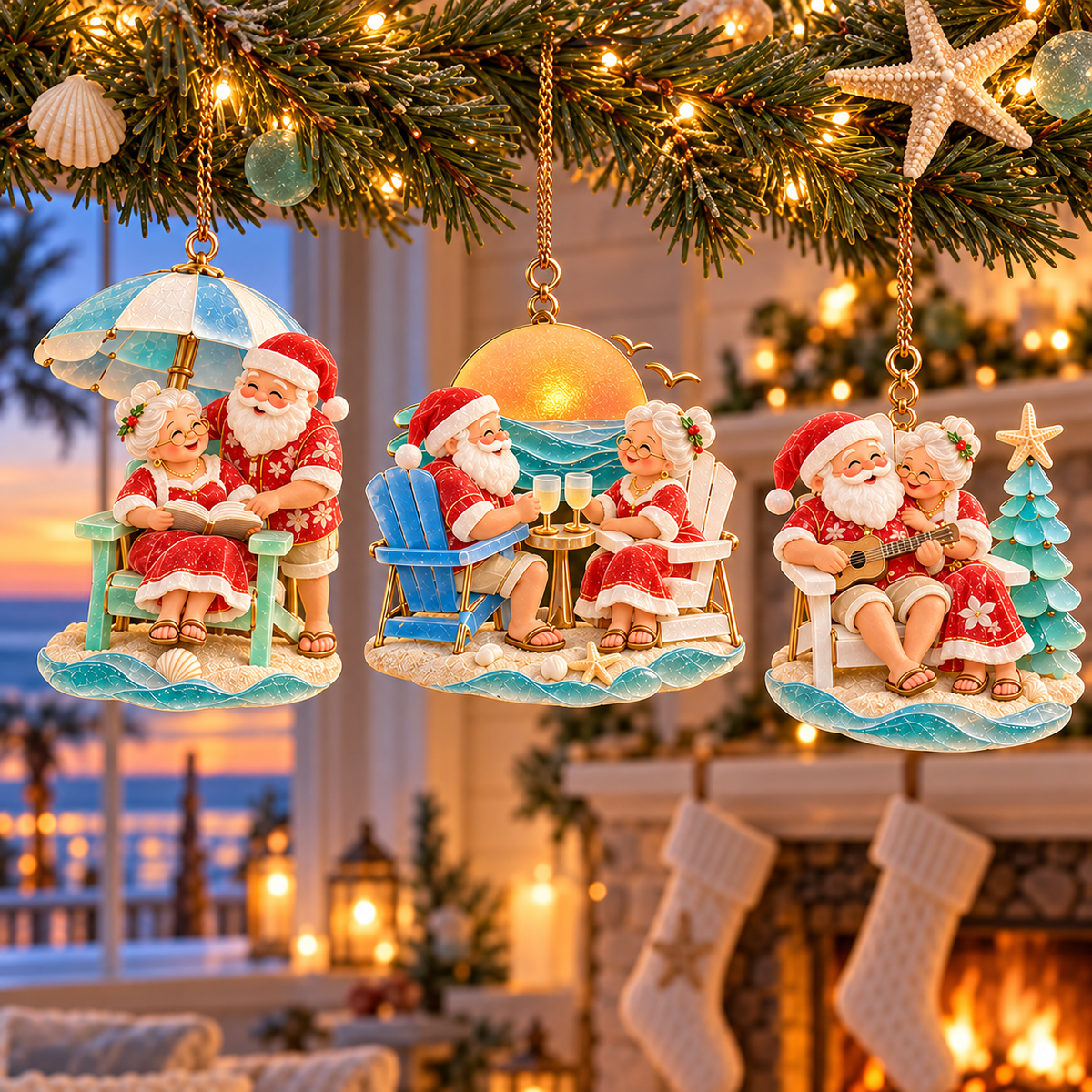 🏖️ 2026 Coastal Christmas Santa & Mrs. Claus Ornaments – Set of 6 Tropical Holiday Keepsakes